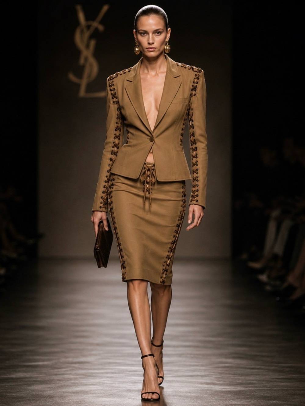 Rare Tom Ford YSL 2002 Mombasa Safari Runway Lace-Up Jacket & Skirt Suit 38 6